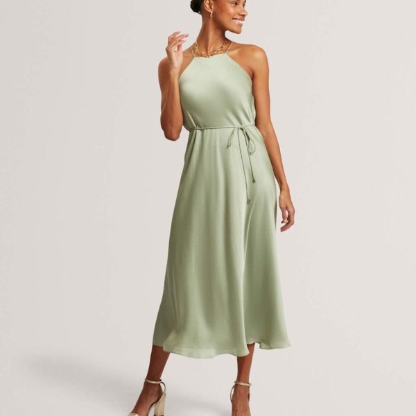 Ted Baker Halter Neck Tie Waist Midi Slip Dress Green