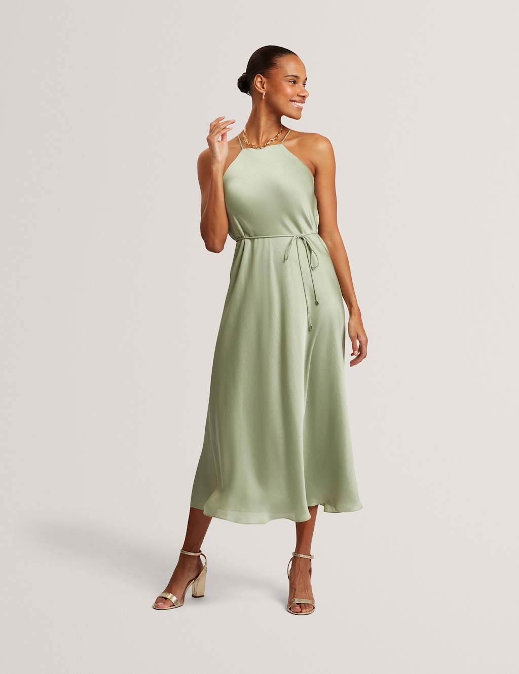 Ted Baker Halter Neck Tie Waist Midi Slip Dress Green