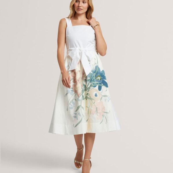 Ted Baker Linen Rich Floral Tie Waist Midi Dress Ivory Mix