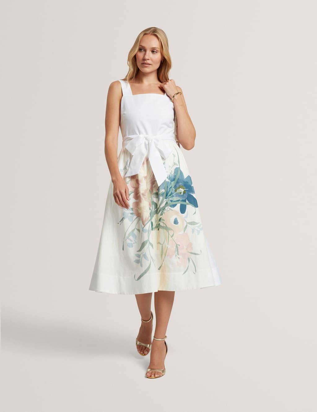 Ted Baker Linen Rich Floral Tie Waist Midi Dress Ivory Mix