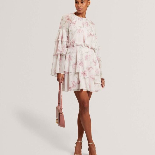 Ted Baker Floral High Neck Tiered Sleeve Mini Dress Pink Mix