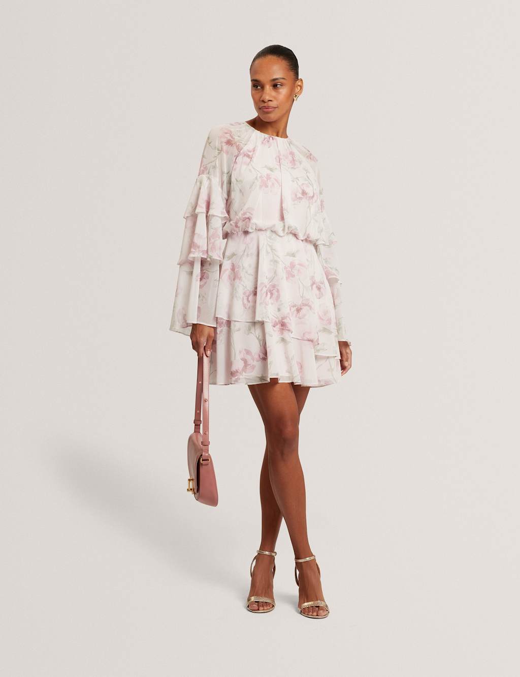 Ted Baker Floral High Neck Tiered Sleeve Mini Dress Pink Mix