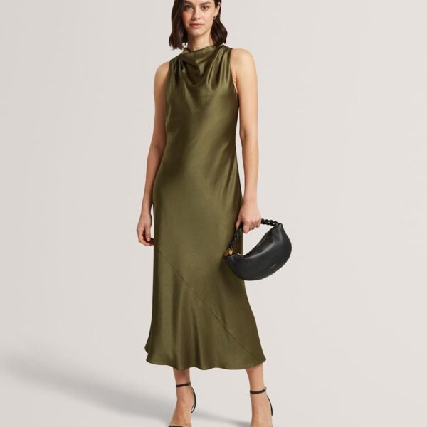 Ted Baker Satin Cowl Neck Midi Slip Dress Khaki