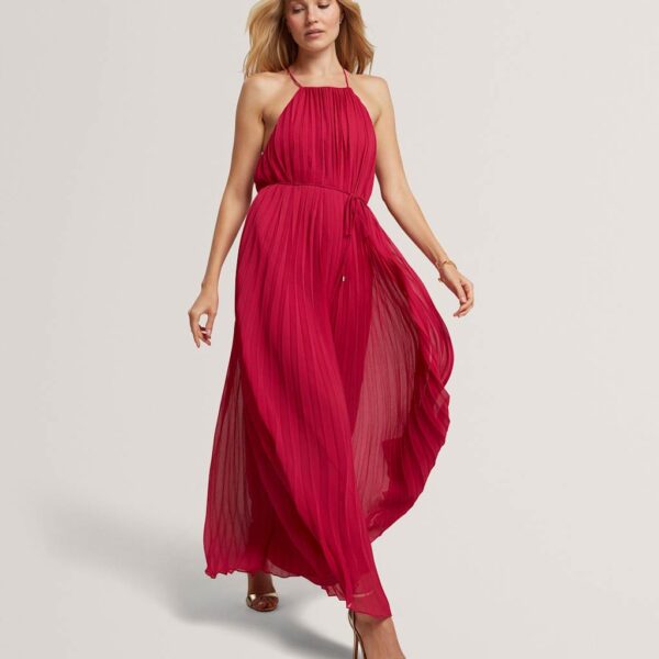 Ted Baker Pleated Halter Neck Maxi Waisted Dress Pink