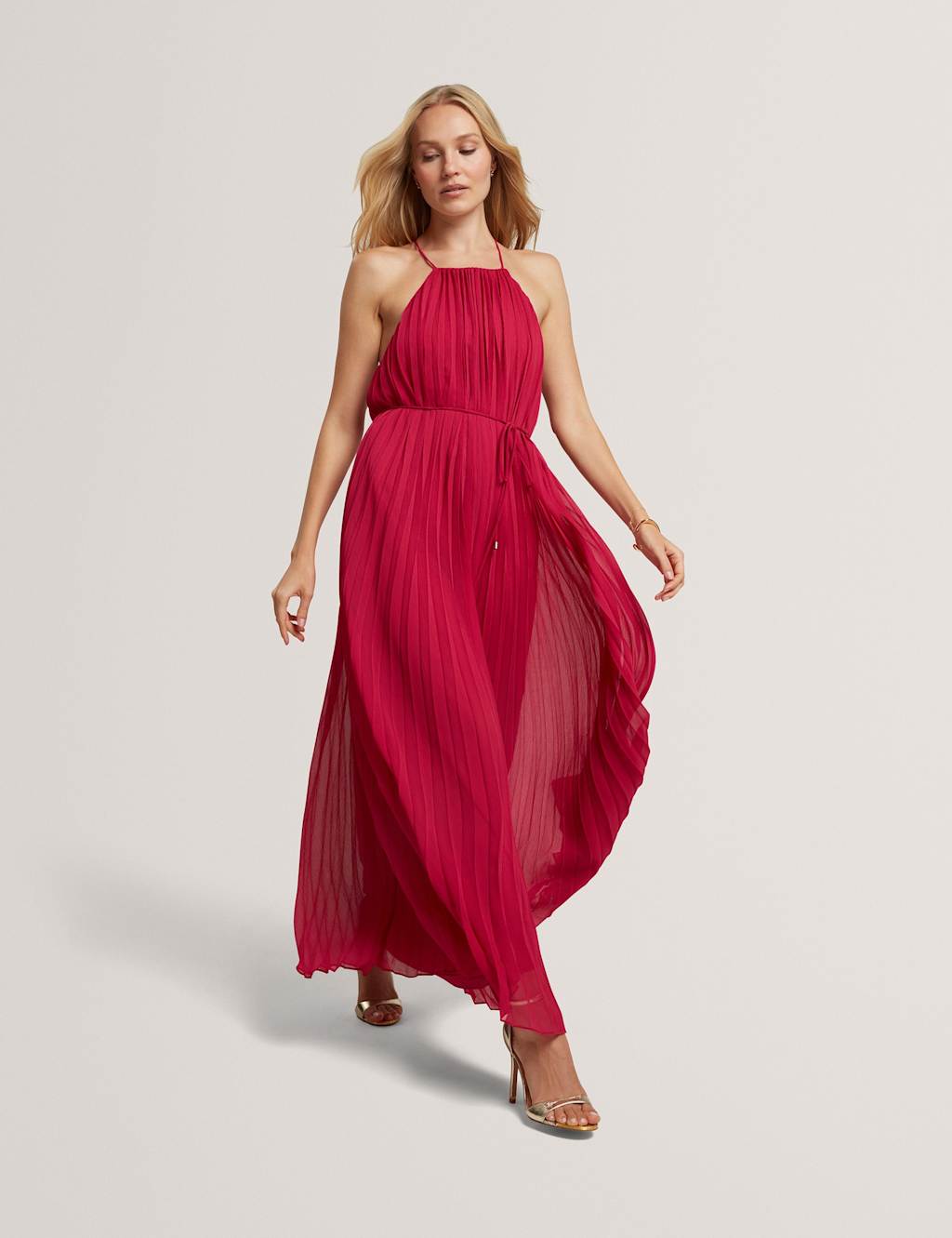 Ted Baker Pleated Halter Neck Maxi Waisted Dress Pink