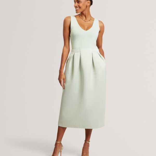 Ted Baker V-Neck Pleated Skirt Midi Dress Green