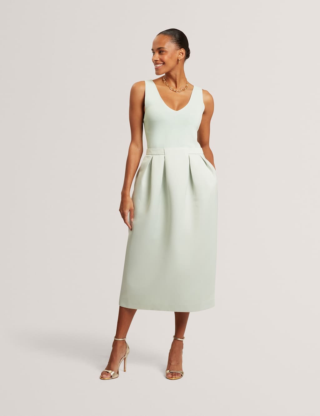 Ted Baker V-Neck Pleated Skirt Midi Dress Green