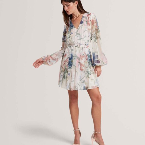 Ted Baker Floral Tie Waist Pleated Mini Smock Dress Pink Mix