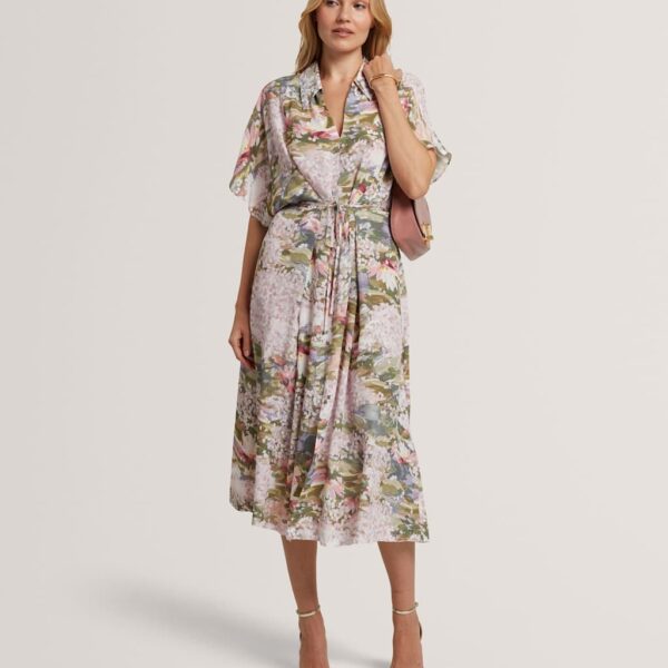 Ted Baker Floral Tie Waist Midi Shirt Dress Pink Mix