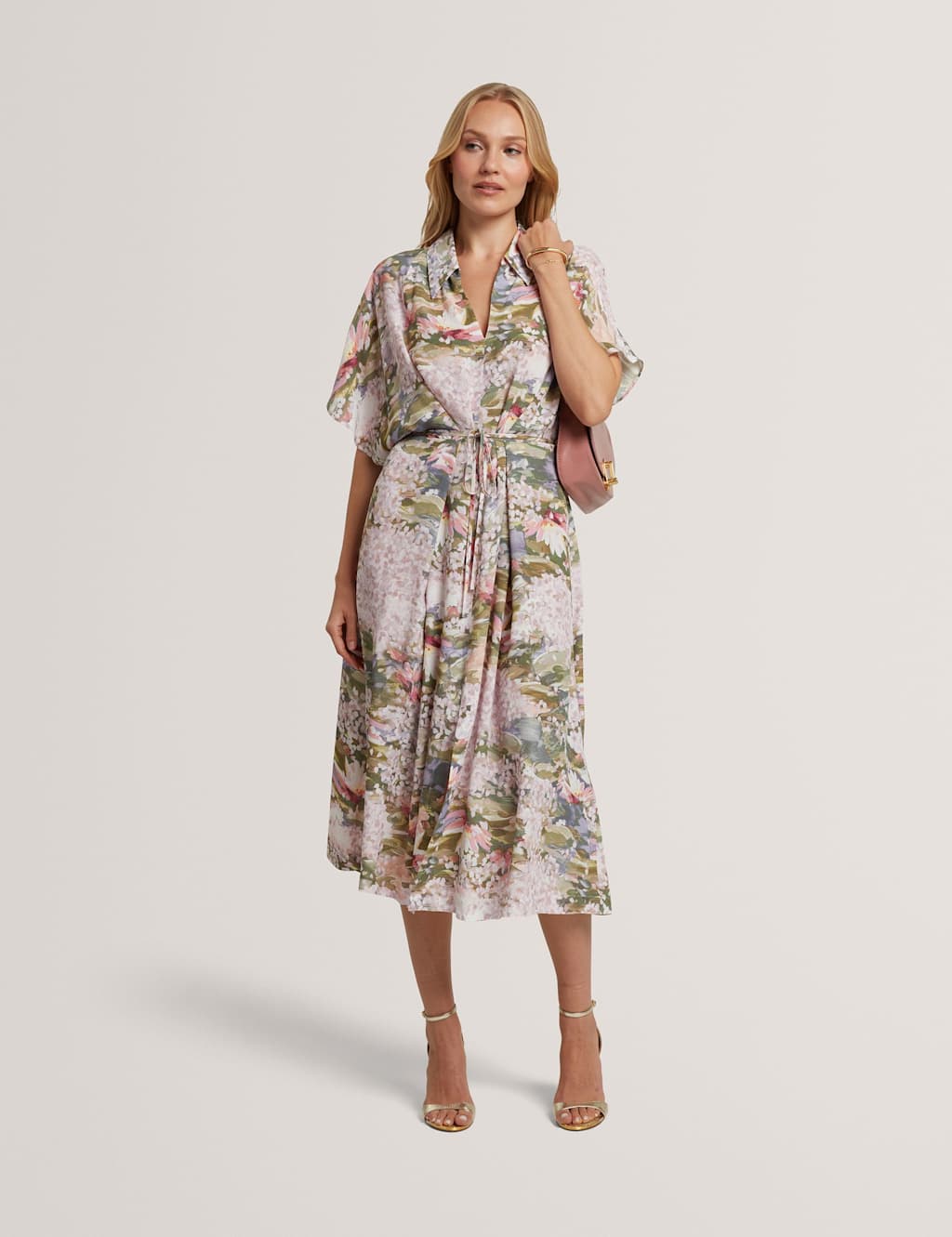 Ted Baker Floral Tie Waist Midi Shirt Dress Pink Mix