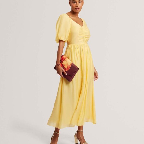 Ted Baker Puff Sleeve Ruched Midi Waisted Dress Yellow