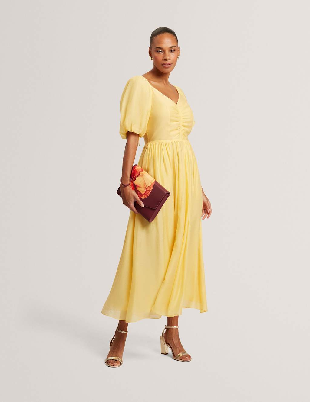 Ted Baker Puff Sleeve Ruched Midi Waisted Dress Yellow
