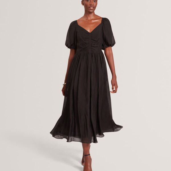 Ted Baker Puff Sleeve Ruched Midi Waisted Dress Black