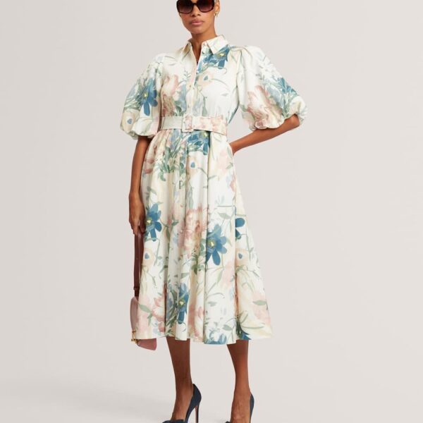 Ted Baker Linen Rich Print Puff Sleeve Midi Shirt Dress Ivory Mix