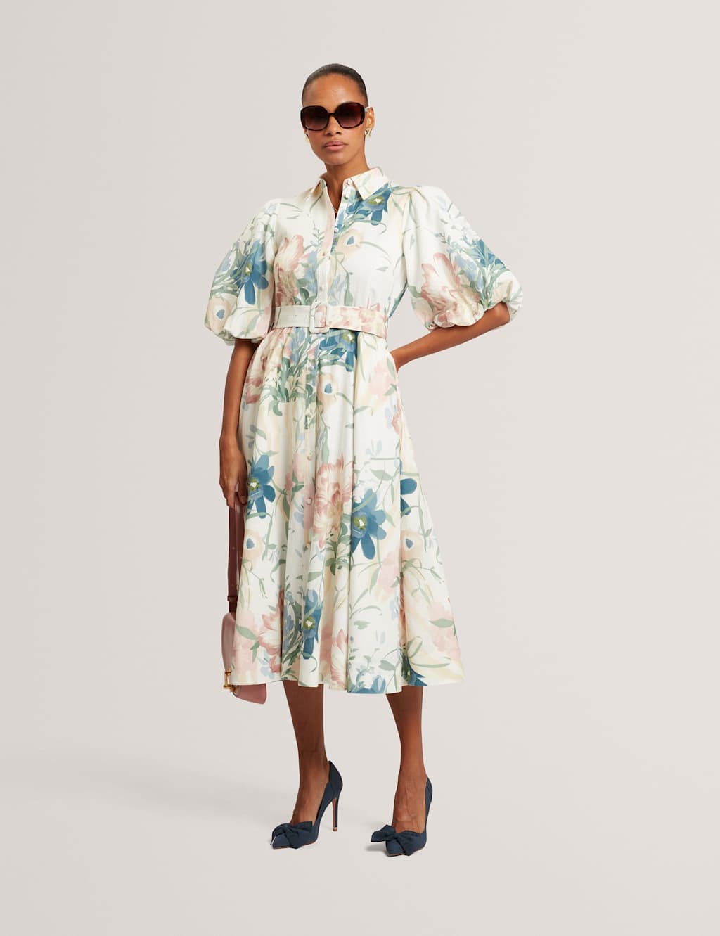 Ted Baker Linen Rich Print Puff Sleeve Midi Shirt Dress Ivory Mix