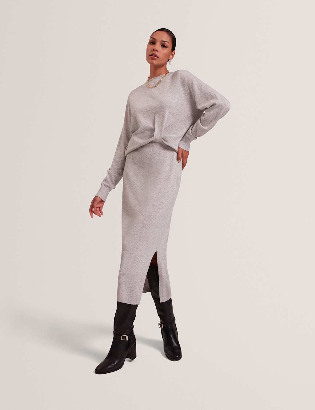 Ted Baker Wool Blend Twist Front Midaxi Jumper Dress Grey Marl
