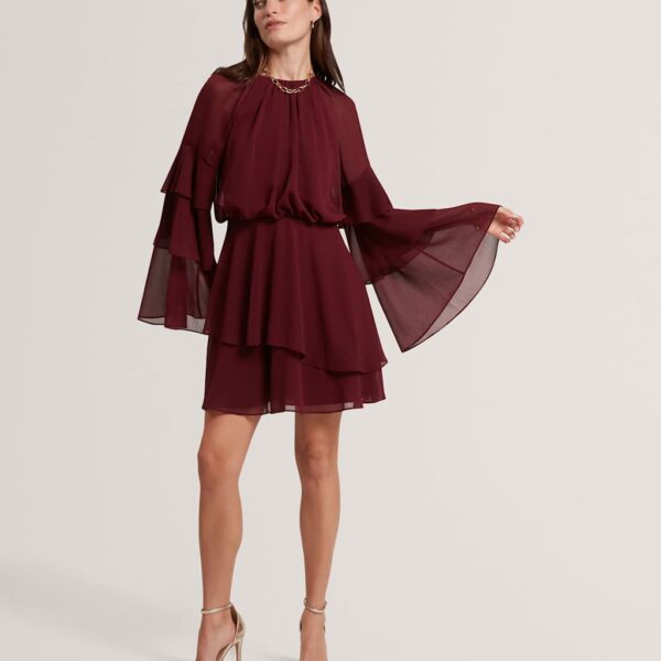 Ted Baker High Neck Gathered Mini Tiered Dress Burgundy