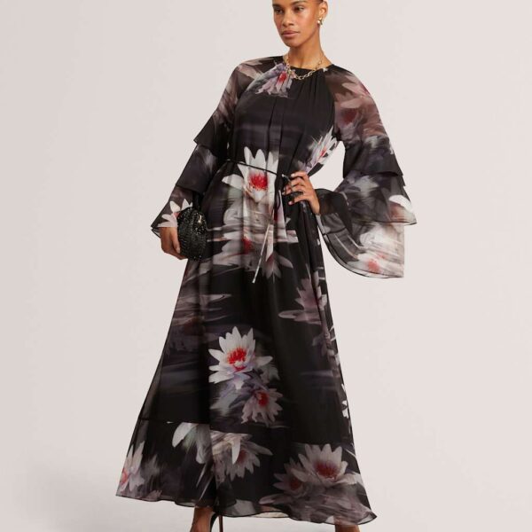 Ted Baker Floral Ruffle Sleeve Gathered Maxi Dress Black
