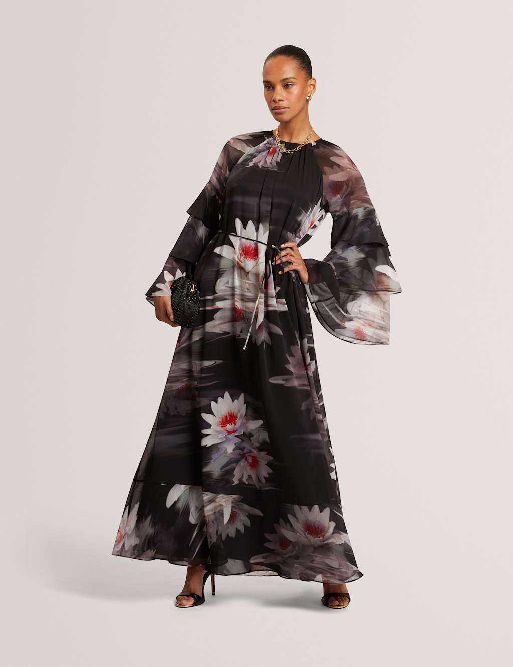 Ted Baker Floral Ruffle Sleeve Gathered Maxi Dress Black