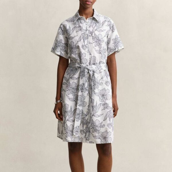 GANT Linen Rich Floral Midi Shirt Dress Blue Mix