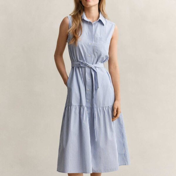 GANT Pure Cotton Striped Sleeveless Midi Shirt Dress Blue Mix