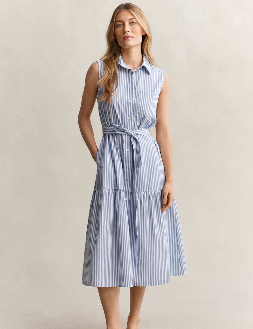 GANT Pure Cotton Striped Sleeveless Midi Shirt Dress Blue Mix
