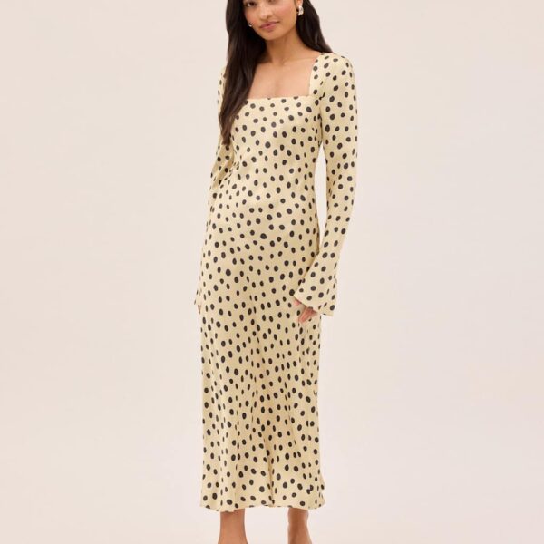 Kitri Satin Polka Dot Square Neck Bodycon Dress Yellow