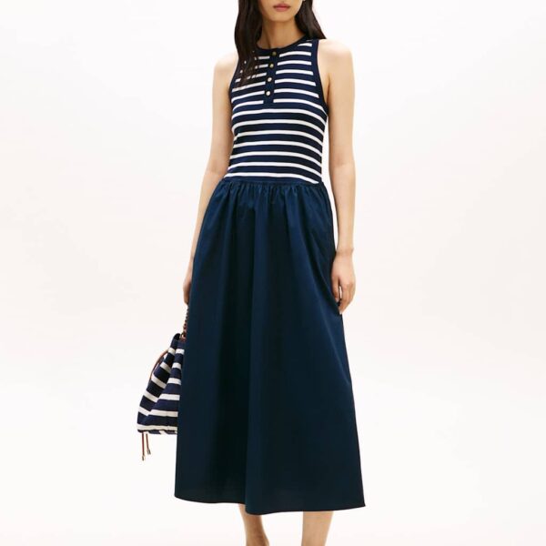 Tommy Hilfiger Pure Cotton Striped Midi Skater Dress Navy Mix