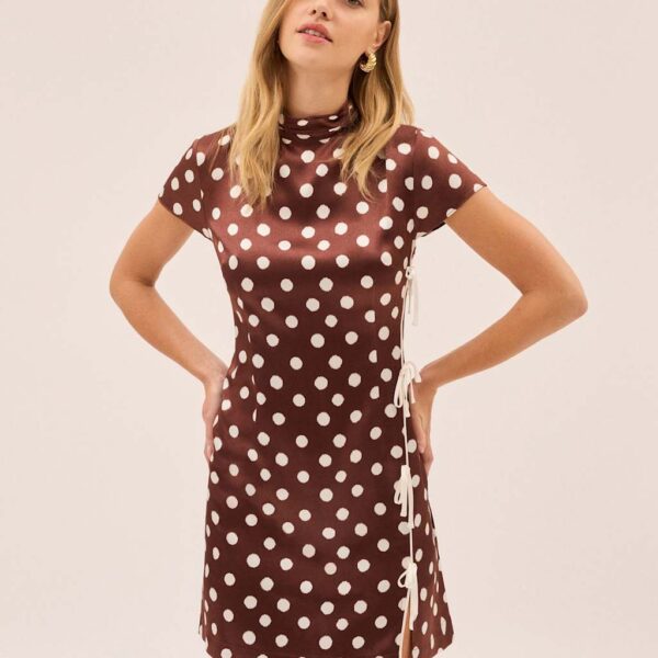 Kitri Polka Dot High Neck Mini Bodycon Dress Brown