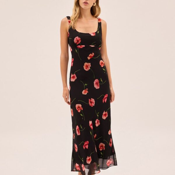 Kitri Poppy Print Scoop Neck Midi Tea Dress Black