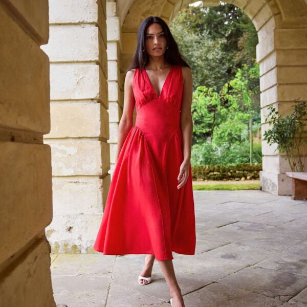 Kitri V-Neck Midi Waisted Dress with Linen Red