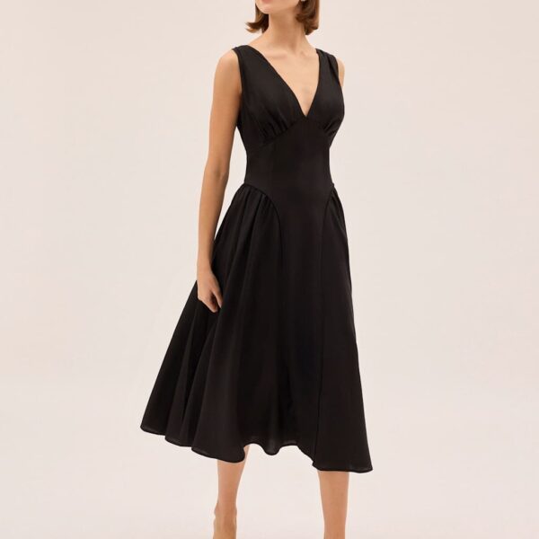 Kitri V-Neck Midi Waisted Dress with Linen Black