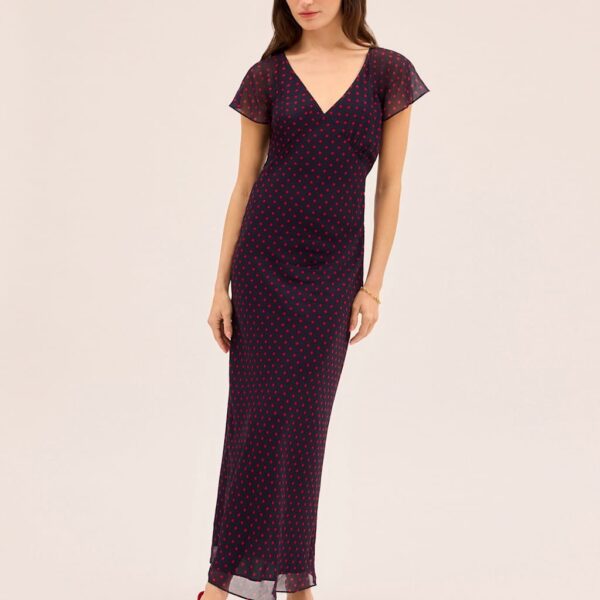 Kitri Polka Dot V-Neck Midi Tea Dress Navy Mix
