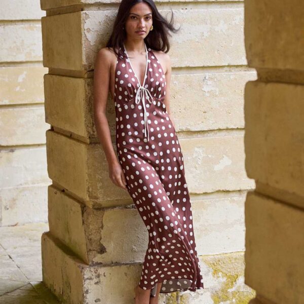 Kitri Polka Dot Halter Neck Maxi Slip Dress Brown