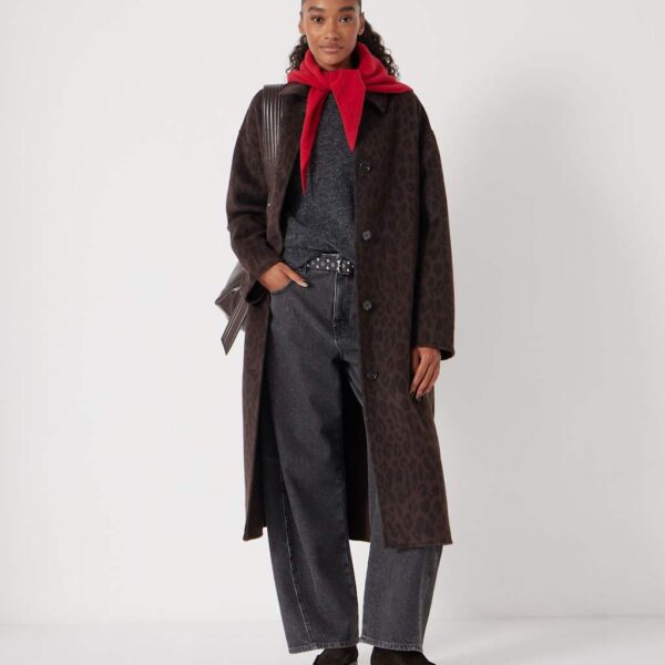 HUSH Pure Wool Leopard Print Double Faced Coat Brown Mix