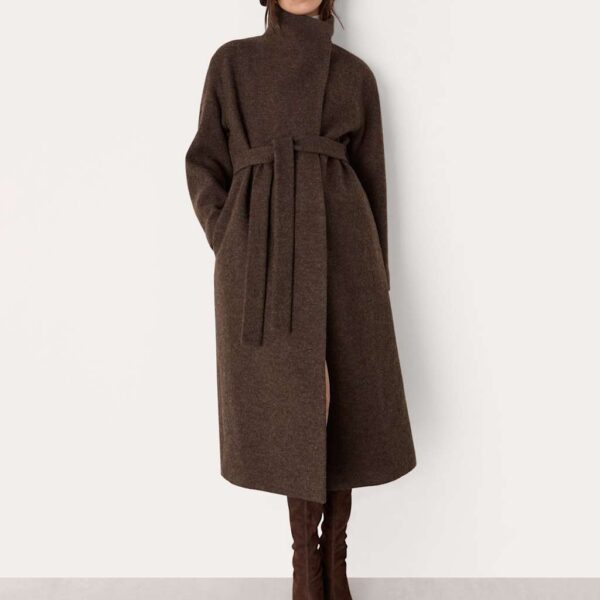 Whistles Morgan Pure Wool Belted Funnel Neck Wrap Coat Taupe