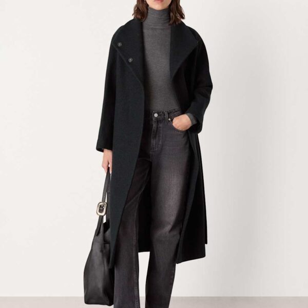Whistles Morgan Pure Wool Belted Funnel Neck Wrap Coat Black