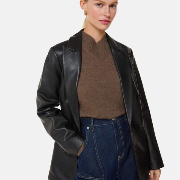 Whistles Aliza Leather Double Breasted Waisted Blazer Black