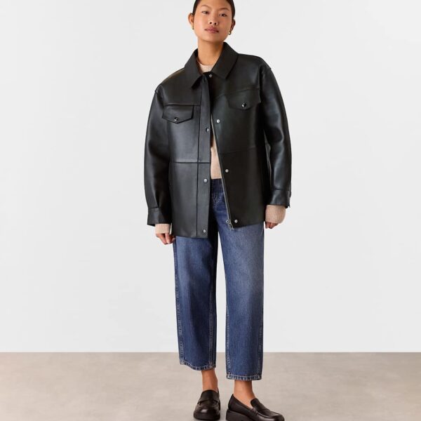 Whistles Leather Relaxed Collared Biker Jacket Black