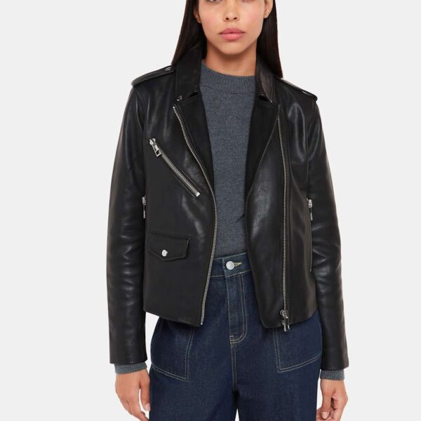 Whistles Agnes Leather Cropped Biker Jacket Black