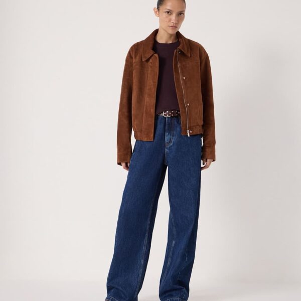 HUSH Suede Collared Bomber Jacket Medium Brown