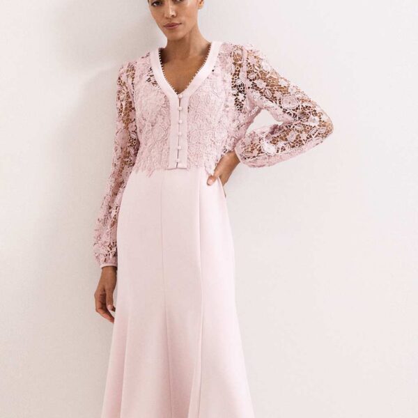 Phase Eight Lace V-Neck Button Detail Midi Tea Dress Light Pink