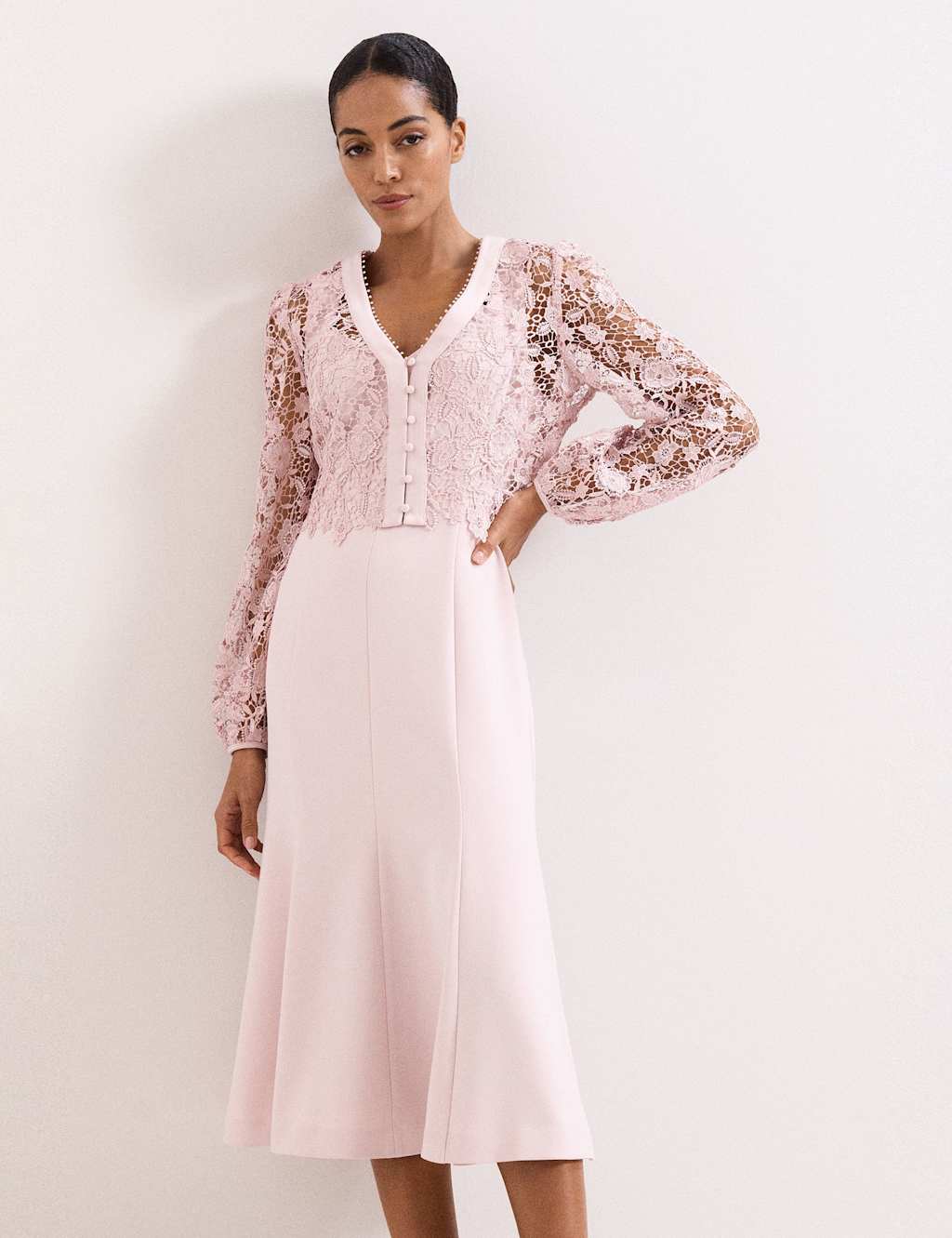 Phase Eight Lace V-Neck Button Detail Midi Tea Dress Light Pink