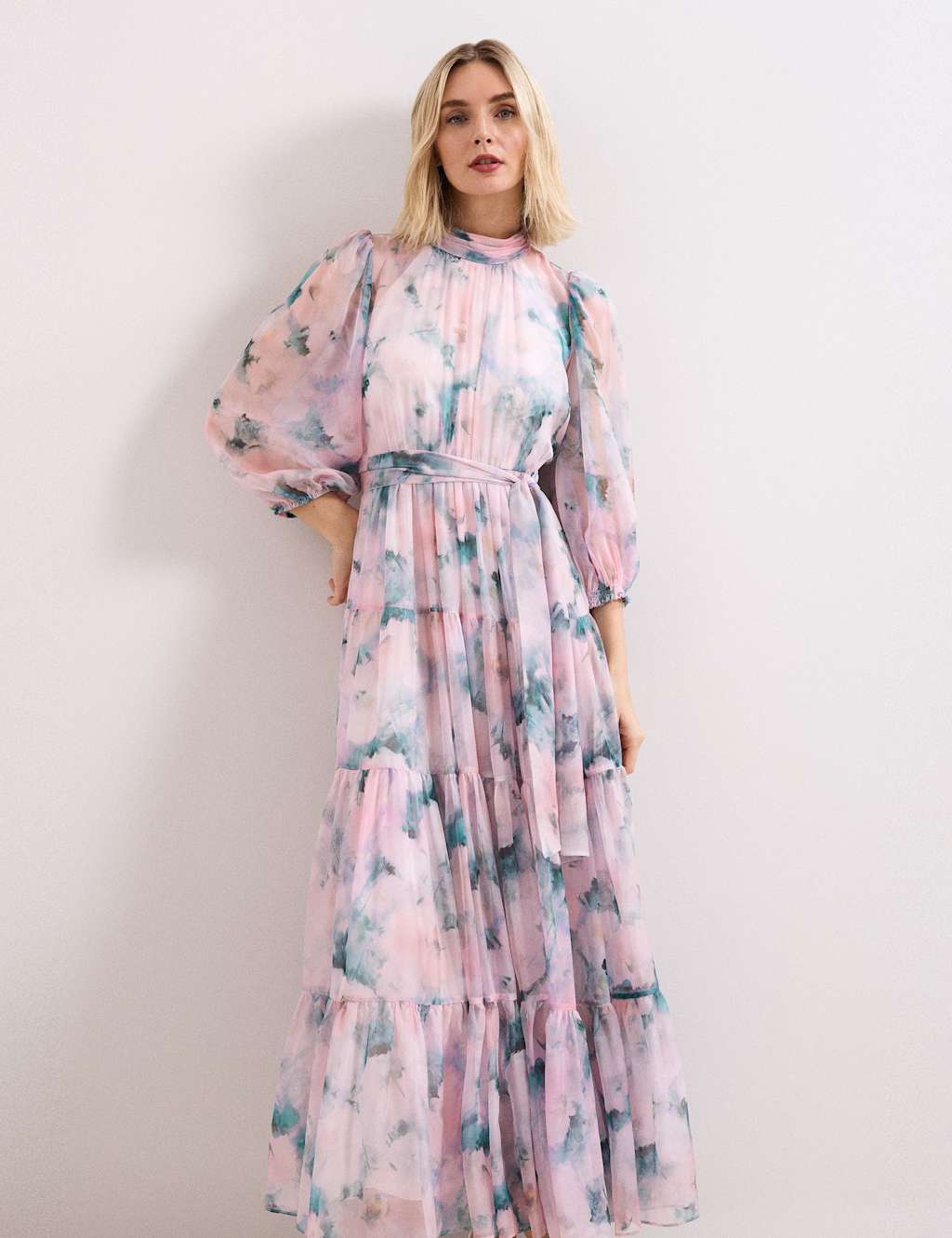 Phase Eight Floral High Neck Tie Waist Maxi Tiered Dress Light Pink Mix