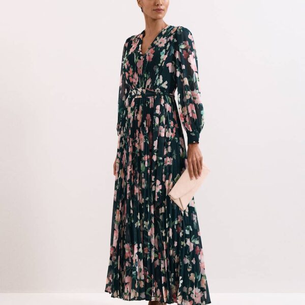 Phase Eight Floral V-Neck Pleated Maxi Tea Dress Teal Mix