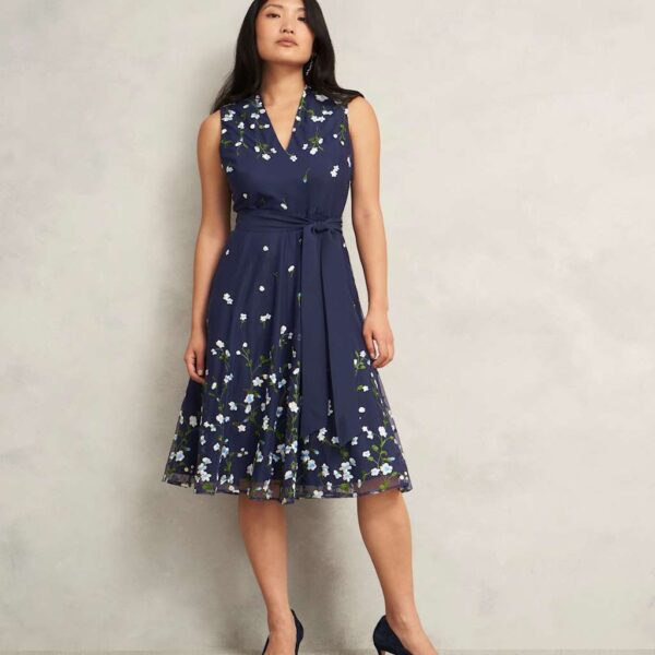 HOBBS Embroidered V-Neck Knee Length Wrap Dress Blue Mix