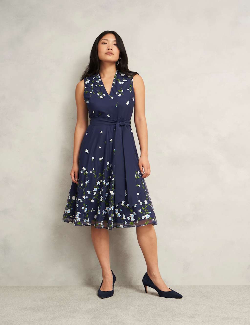 HOBBS Embroidered V-Neck Knee Length Wrap Dress Blue Mix