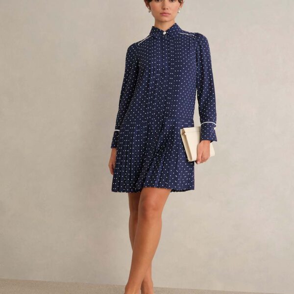 HOBBS Polka Dot Collared Mini Shirt Dress Blue
