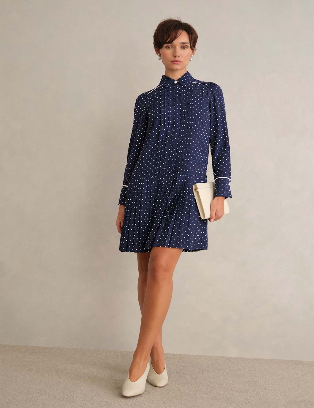 HOBBS Polka Dot Collared Mini Shirt Dress Blue