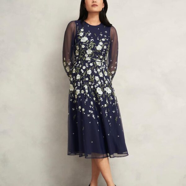 HOBBS Embroidered Midi Skater Dress Blue Mix